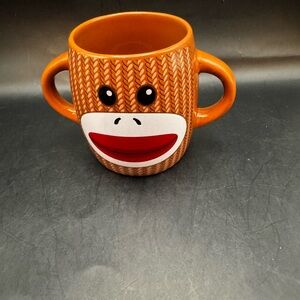 Galerie Sock Monkey Double Handled Coffee Cup Mug Brown Red White Novelty Mug